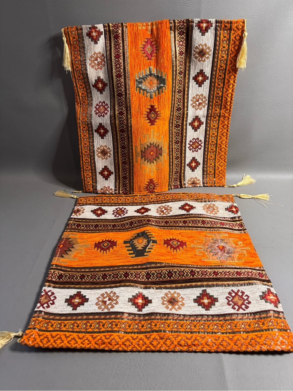 2 Orange White Gold Turkish Chenille Kilim Aztec Tribal Decorative Pillow Cover